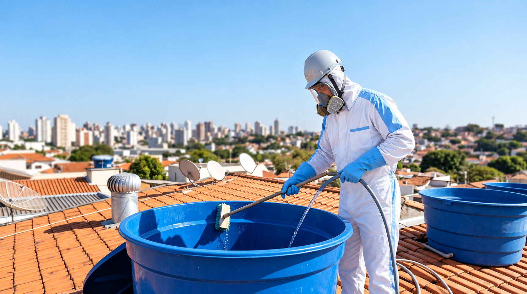 Técnico lavando e desinfetando caixa d'água no telhado
